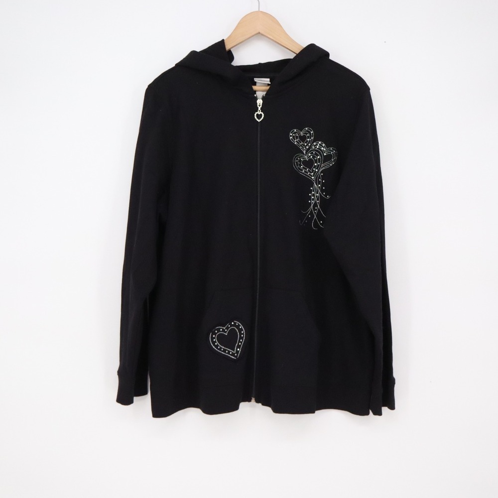 Active Hoodie Womens 18/20W Full Zip Black Rhinestone Heart Bling Excellent